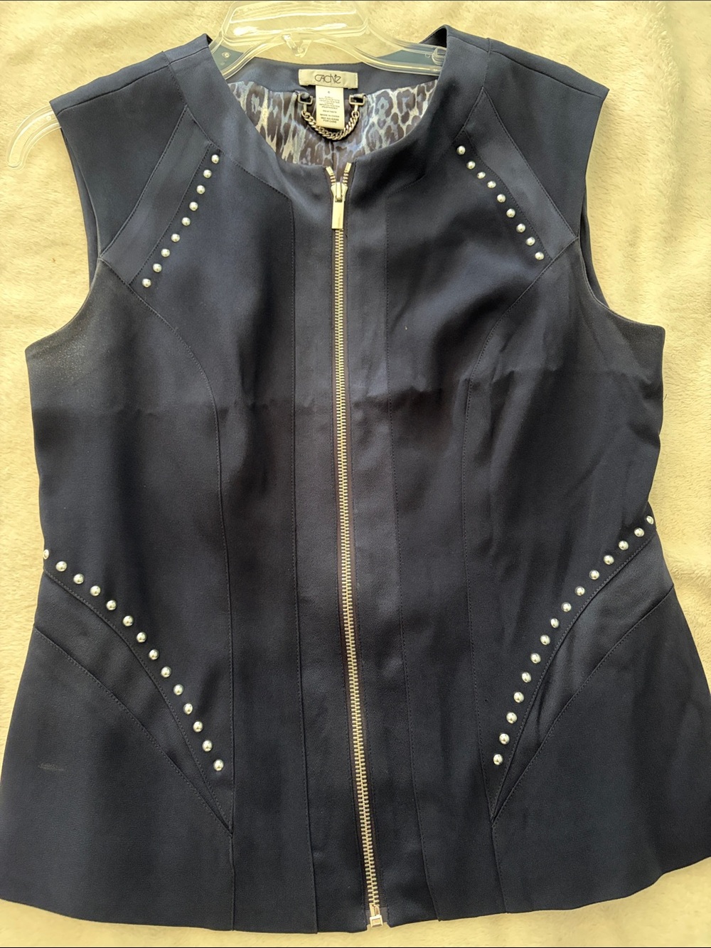 Cache Navy Sleeveless Zip Front Vest with Stud Detail